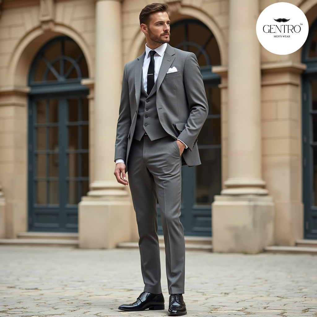 Classic Grey Men’s Suit – Slim Fit Groom & Office Wear | Elegant Formal 3-Piece Outfit