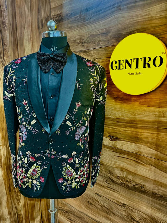 Men’s Black Tuxedo with multi color embroidery – 2-Piece Classic Set with Satin Lapels