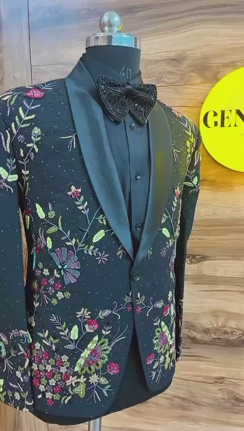 Men’s Black Tuxedo with multi color embroidery – 2-Piece Classic Set with Satin Lapels